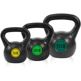 Wide Grip 3-Piece Or 4-Piece Kettlebell Fitness Weight Sets Of 5 Lbs, 10 Lbs, 15 Lbs, And 20 Lbs, 3-Piece Sets (Color: Black)